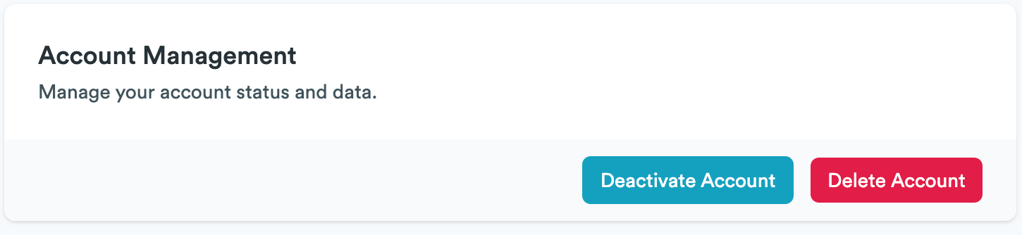 Account Management section with Deactivate Account and Delete Account buttons.