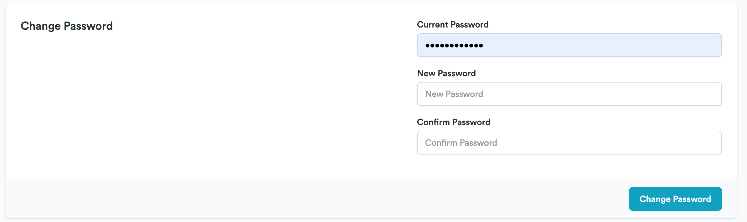 Change Password form with fields for the current password, new password, and password confirmation.