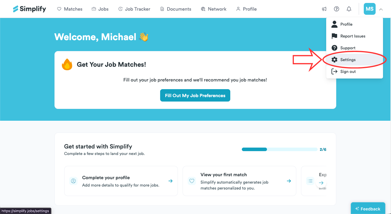 Settings highlighted in the menu opened from the profile icon.