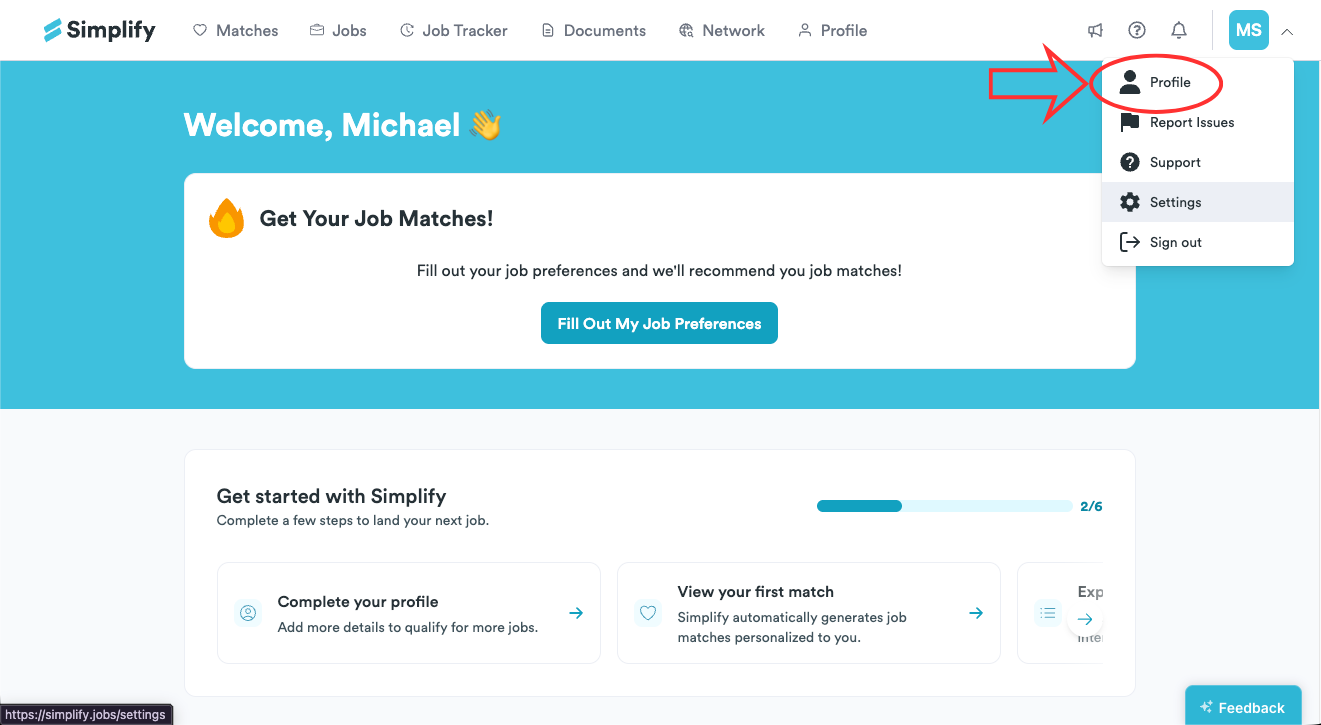 Profile highlighted in the menu opened from the profile icon.