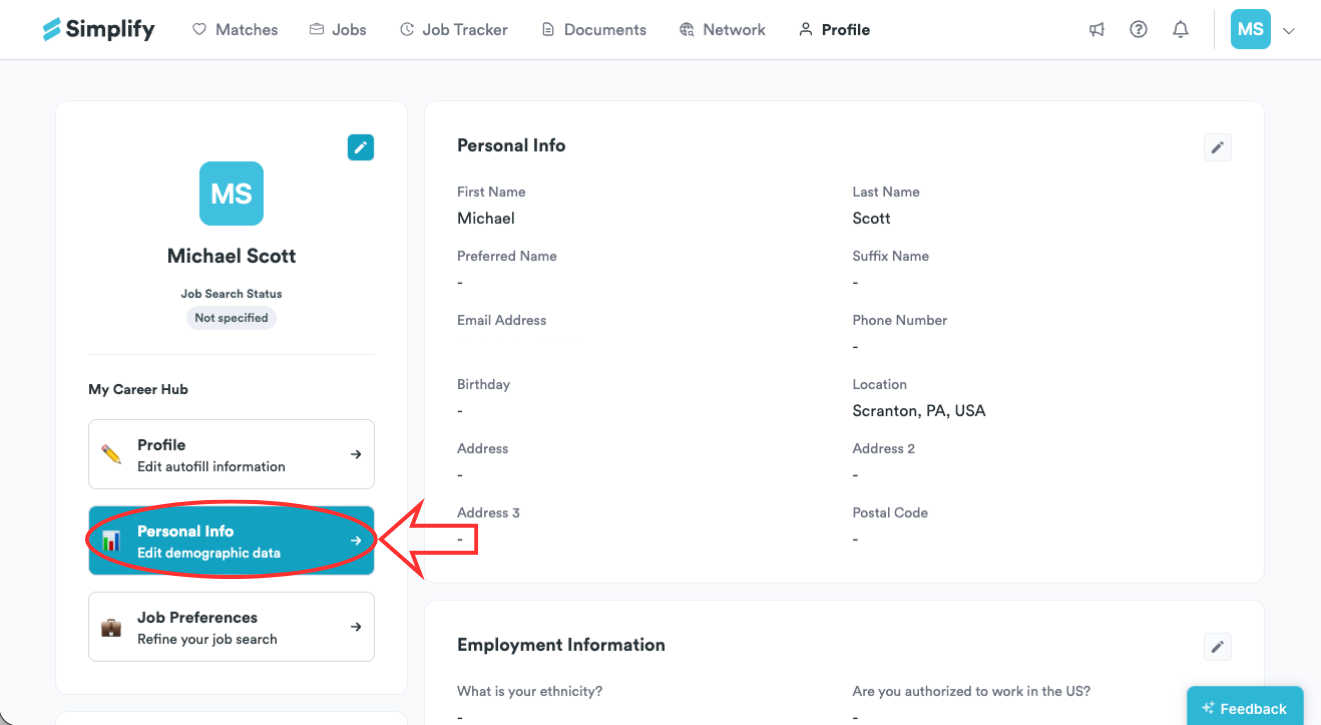 Personal Info tab highlighted in the Profile page's left navigation.
