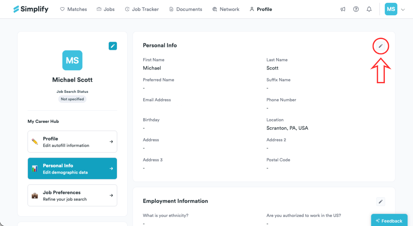 Pencil icon highlighted in the top-right corner of the Personal Info section.