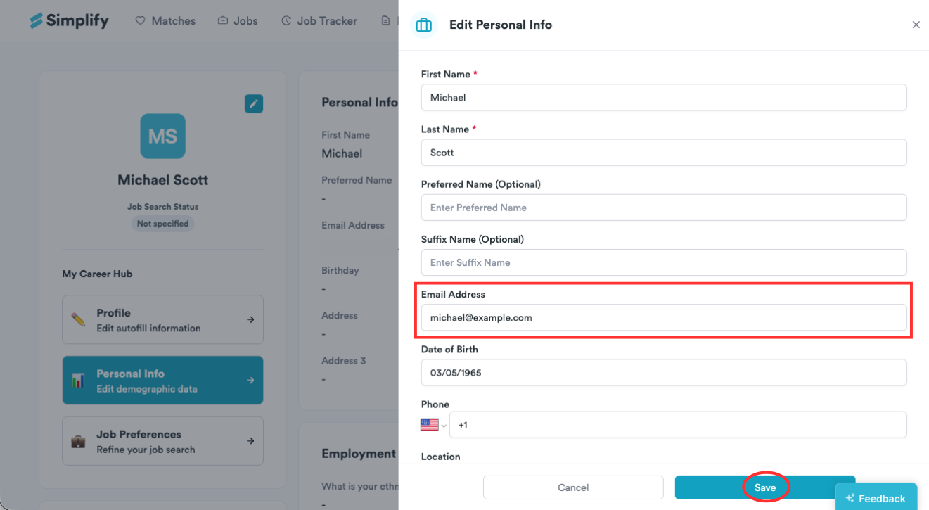 Edit Personal Info form with the Email Address field and Save button highlighted.