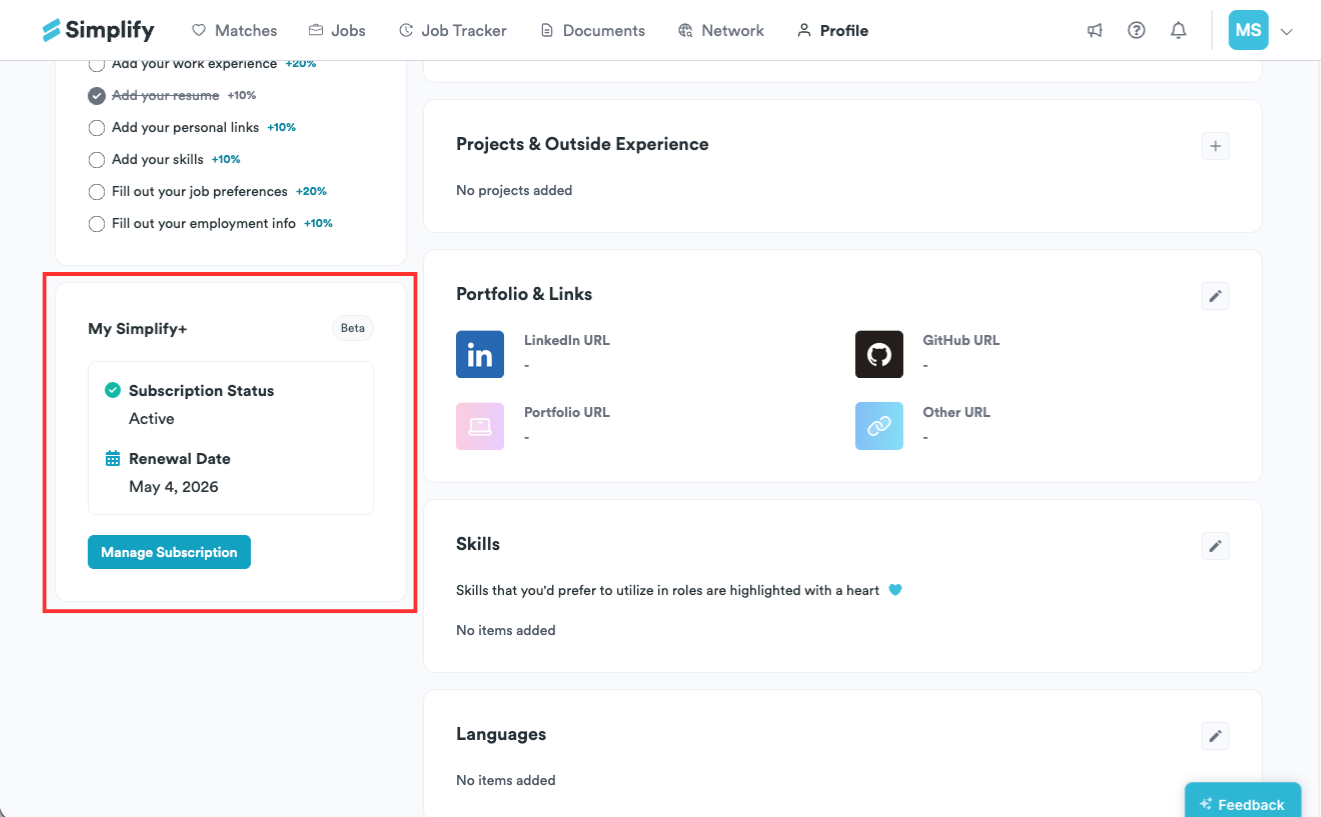 My Simplify+ card on the Profile page with subscription status and Manage Subscription highlighted.