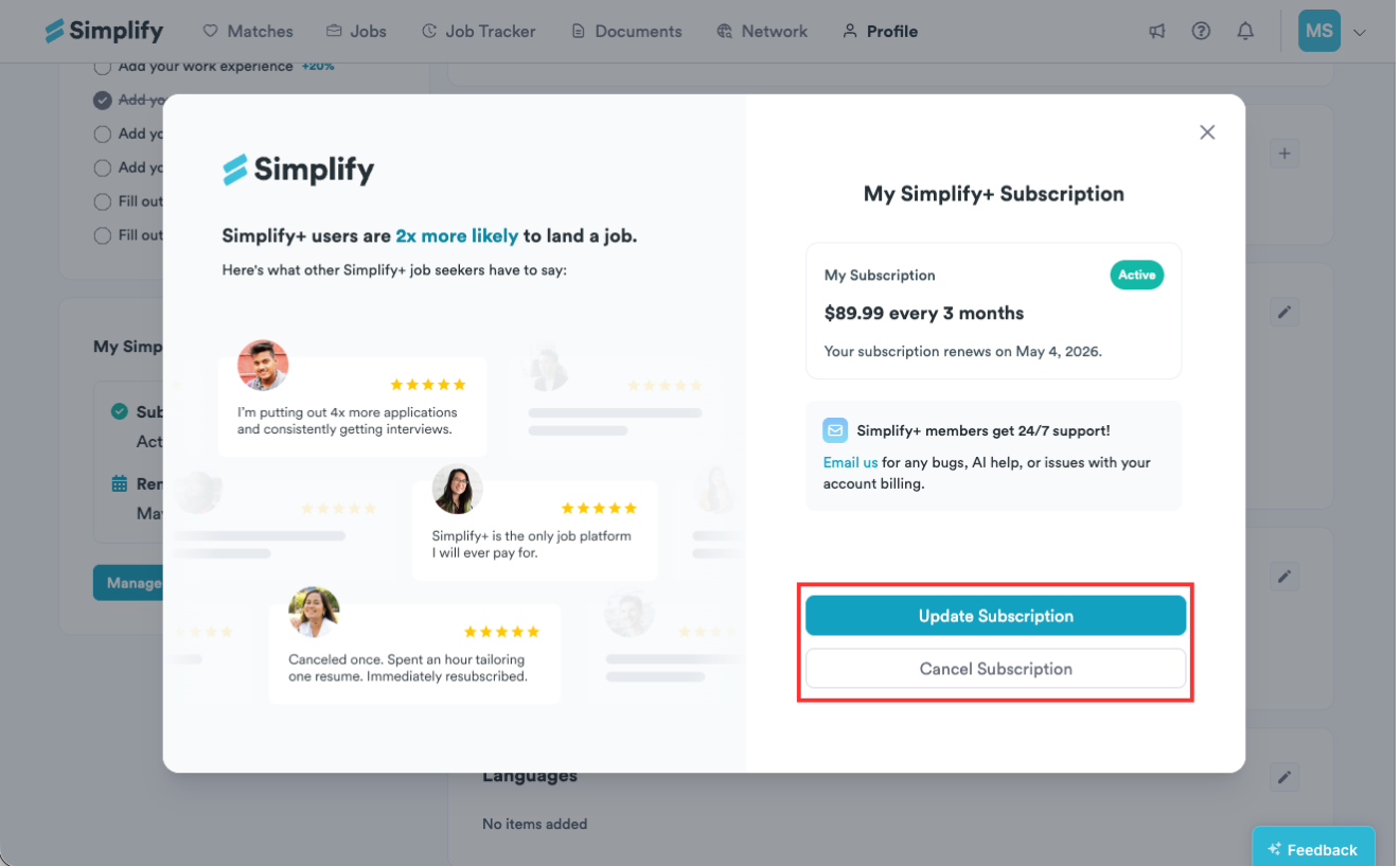 Simplify+ subscription dialog with Update Subscription and Cancel Subscription highlighted.