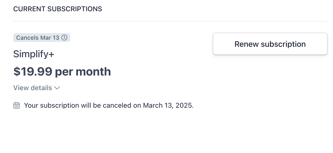 Billing portal showing a cancelled subscription and the Renew subscription button.