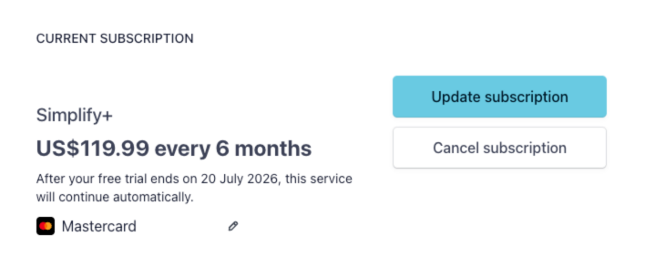Billing portal showing the current subscription with Update subscription and Cancel subscription controls.