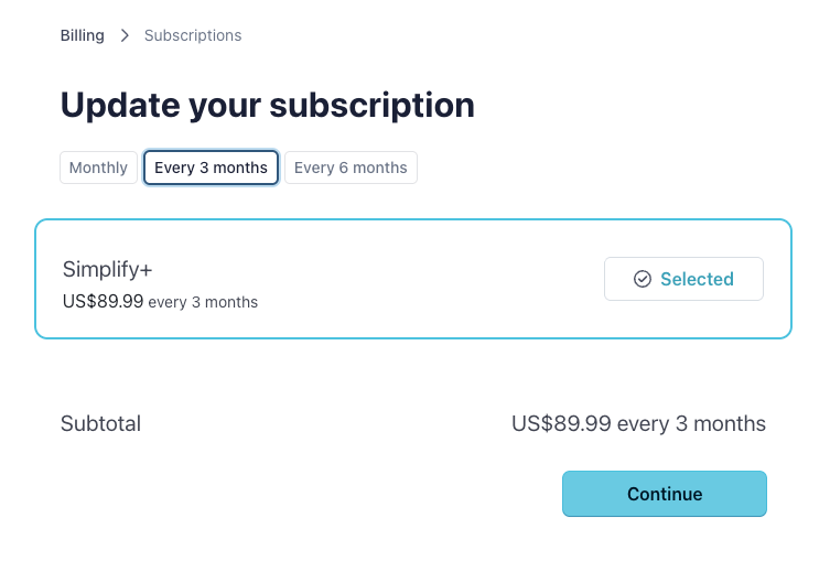 Billing portal plan-selection screen with the Continue button below the selected plan.