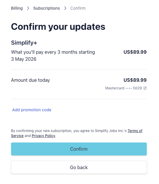 Billing portal confirmation screen for reviewing and confirming a subscription update.