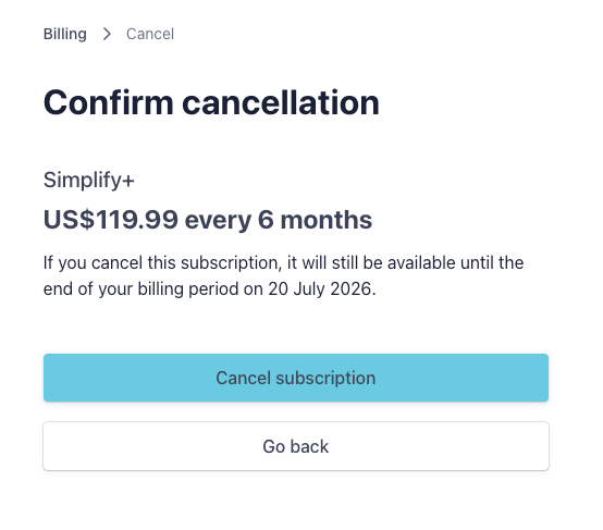 Billing portal cancellation confirmation screen showing the access end date and Cancel subscription button.