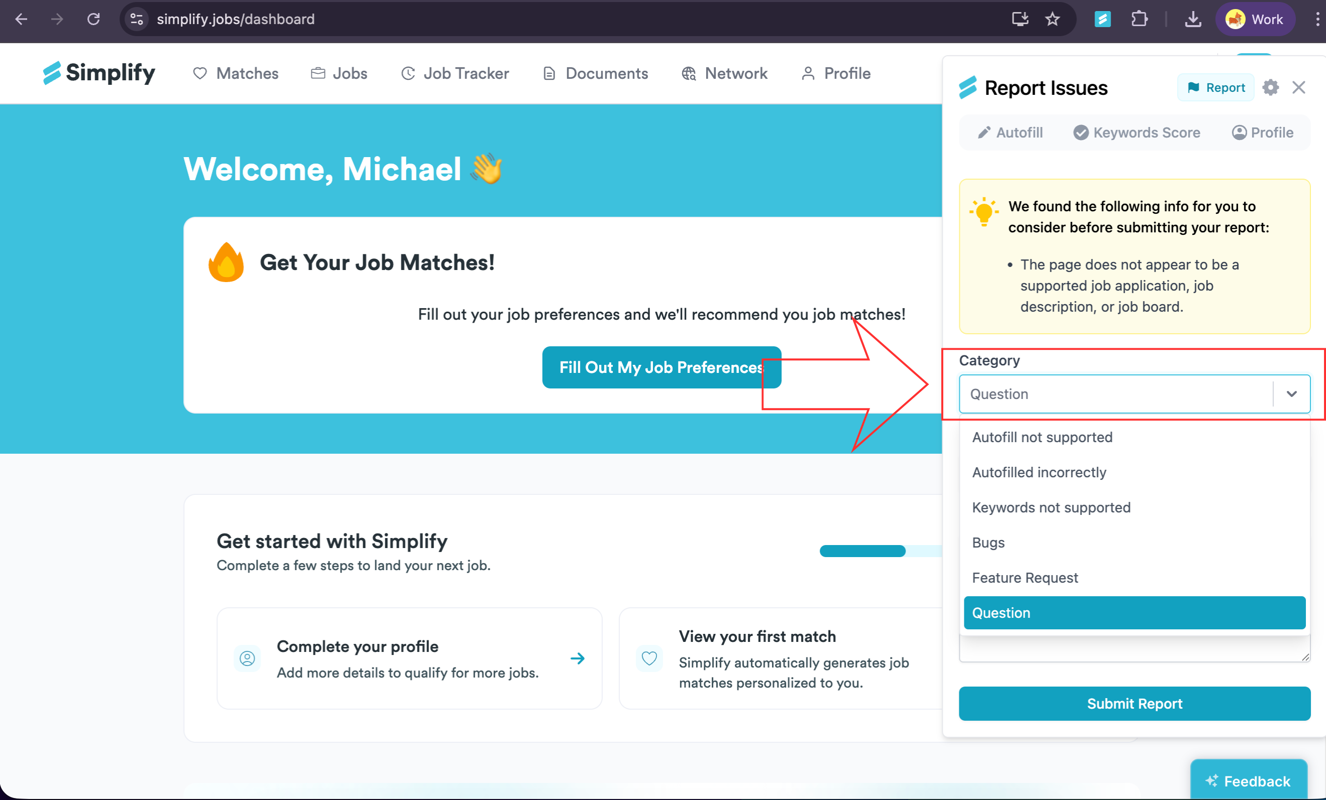 Report Issues Category dropdown showing available issue types.