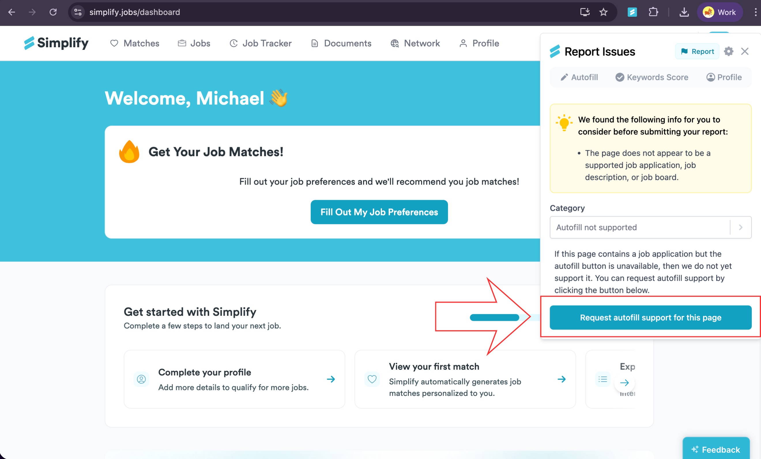 Report Issues form with Autofill not supported selected and the request-support button highlighted.