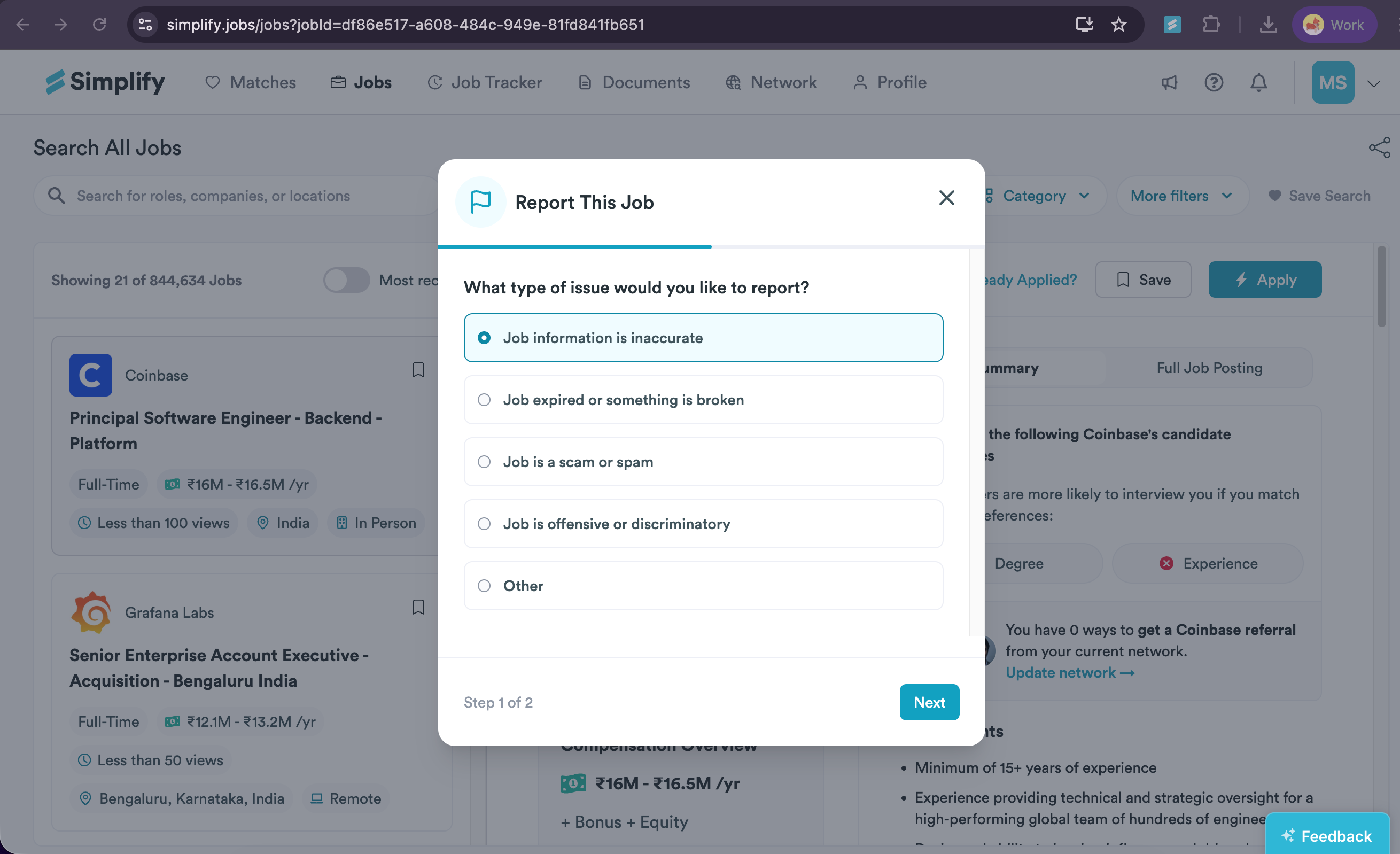 Report This Job dialog showing issue types and the Next button.