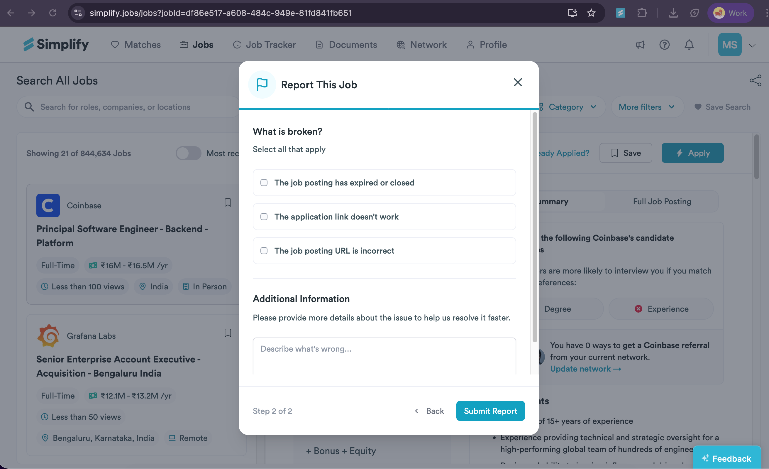 Report This Job dialog showing issue checkboxes, an Additional Information field, and Submit Report.