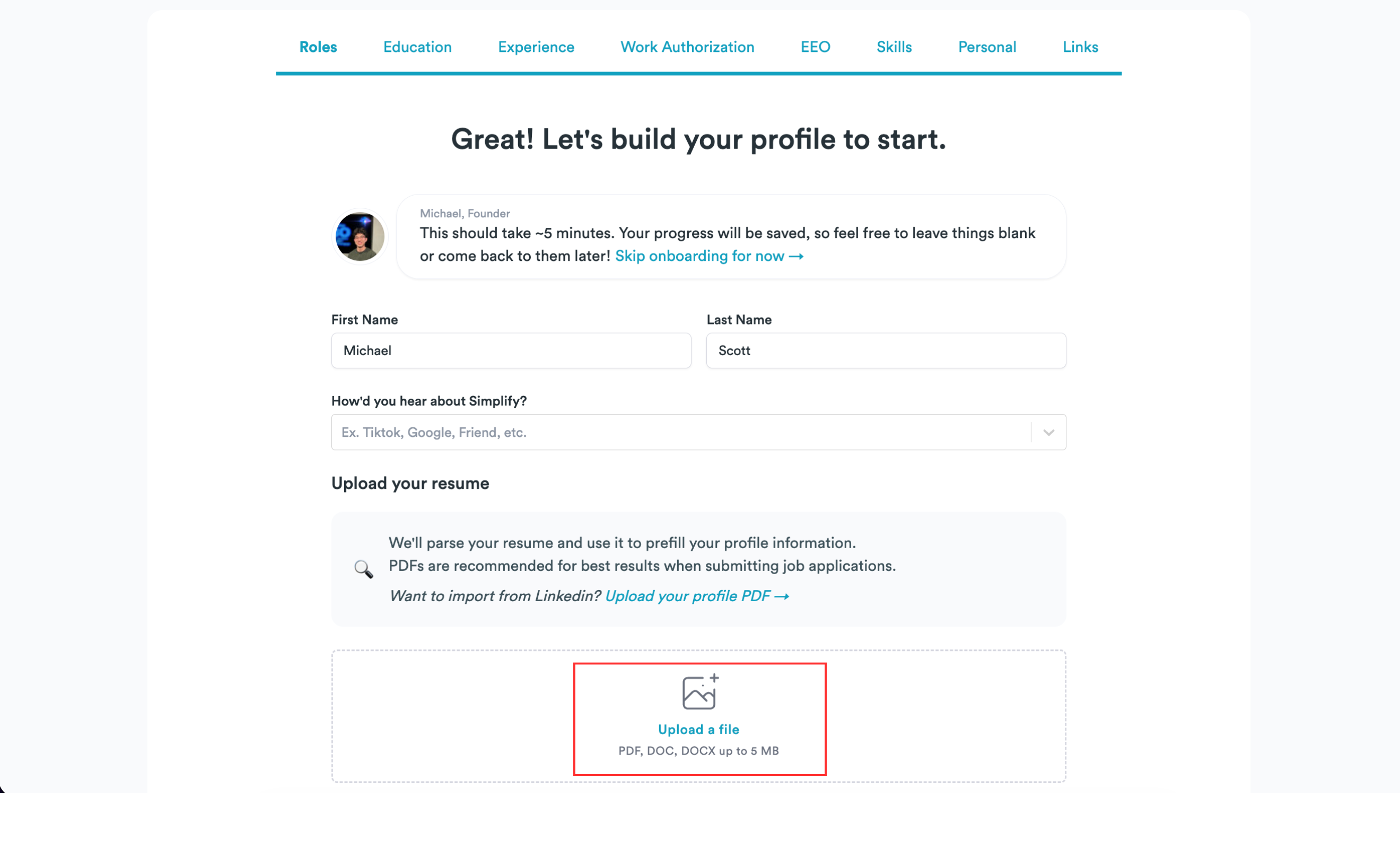 Onboarding page with the Upload a file area highlighted for adding a resume.
