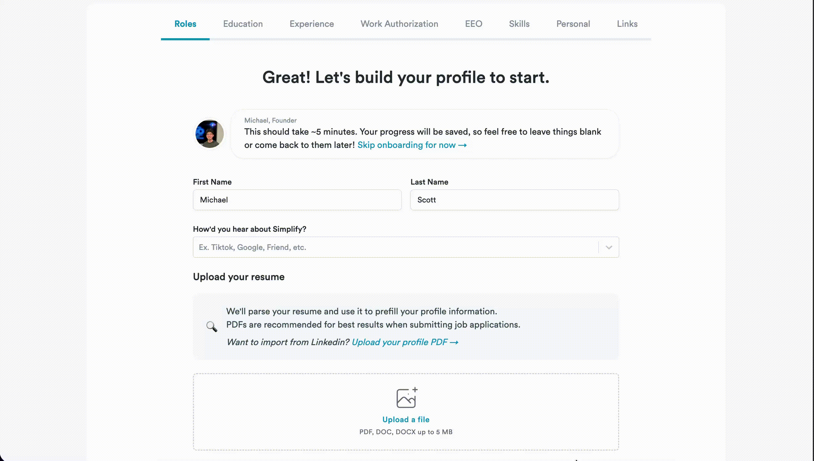 Animation showing a resume being parsed during onboarding to populate profile information.