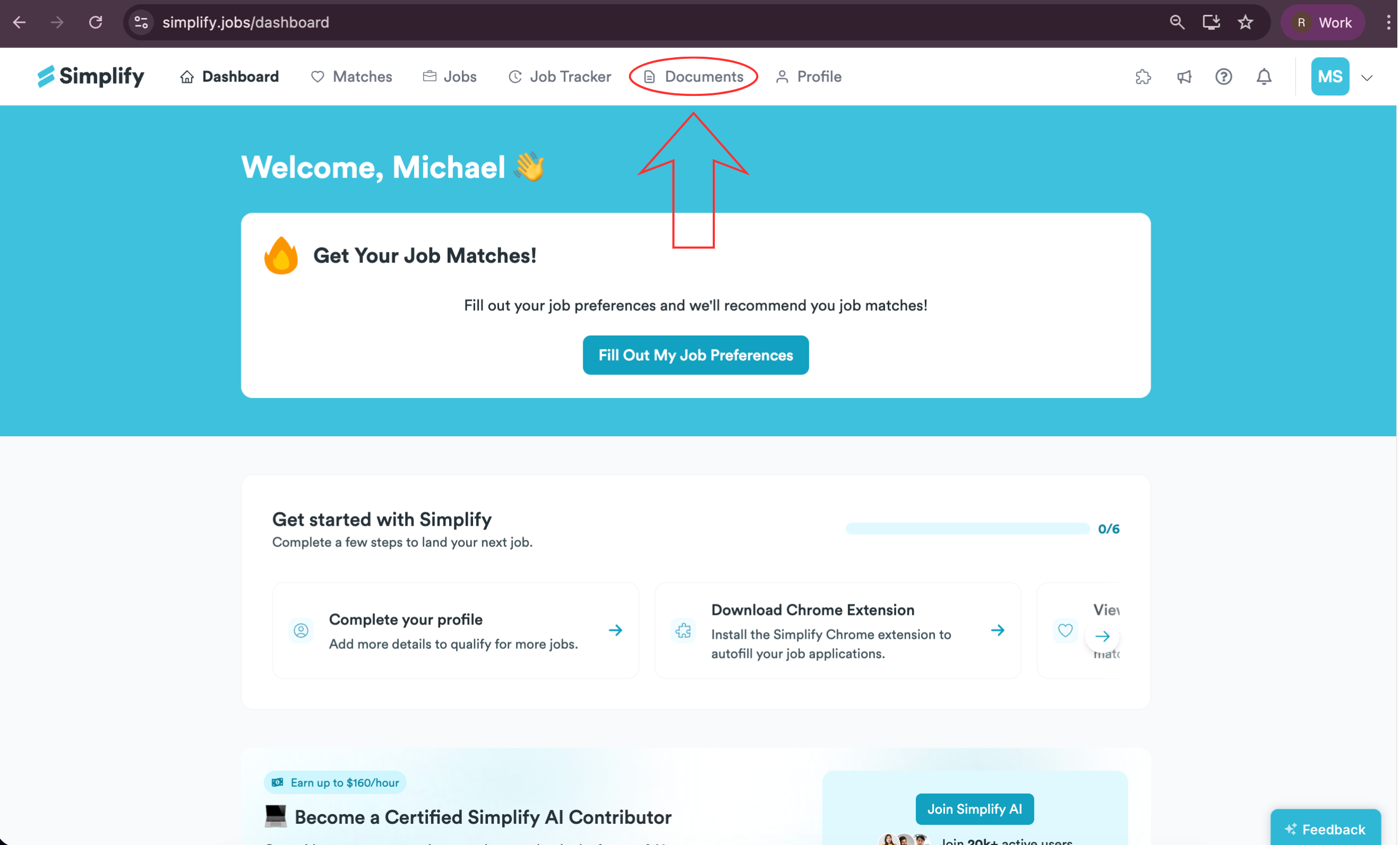 Documents link highlighted in Simplify's navigation bar.
