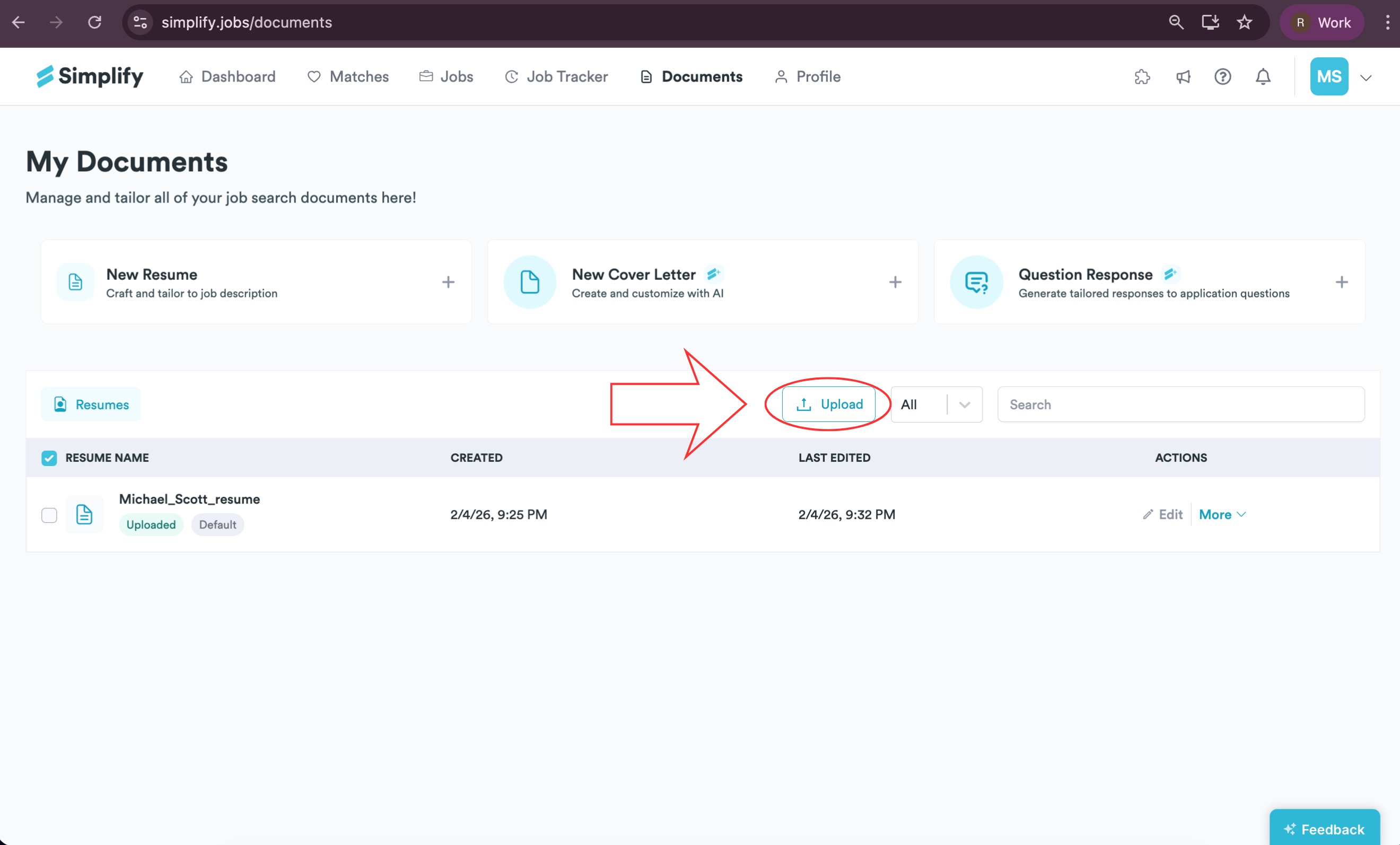 Documents page with the Upload button highlighted above the resume list.