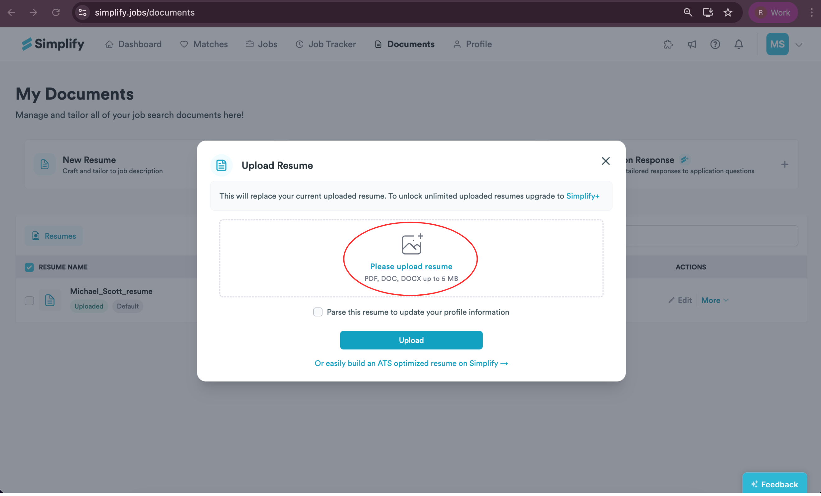 Upload Resume dialog with the file-selection area highlighted.