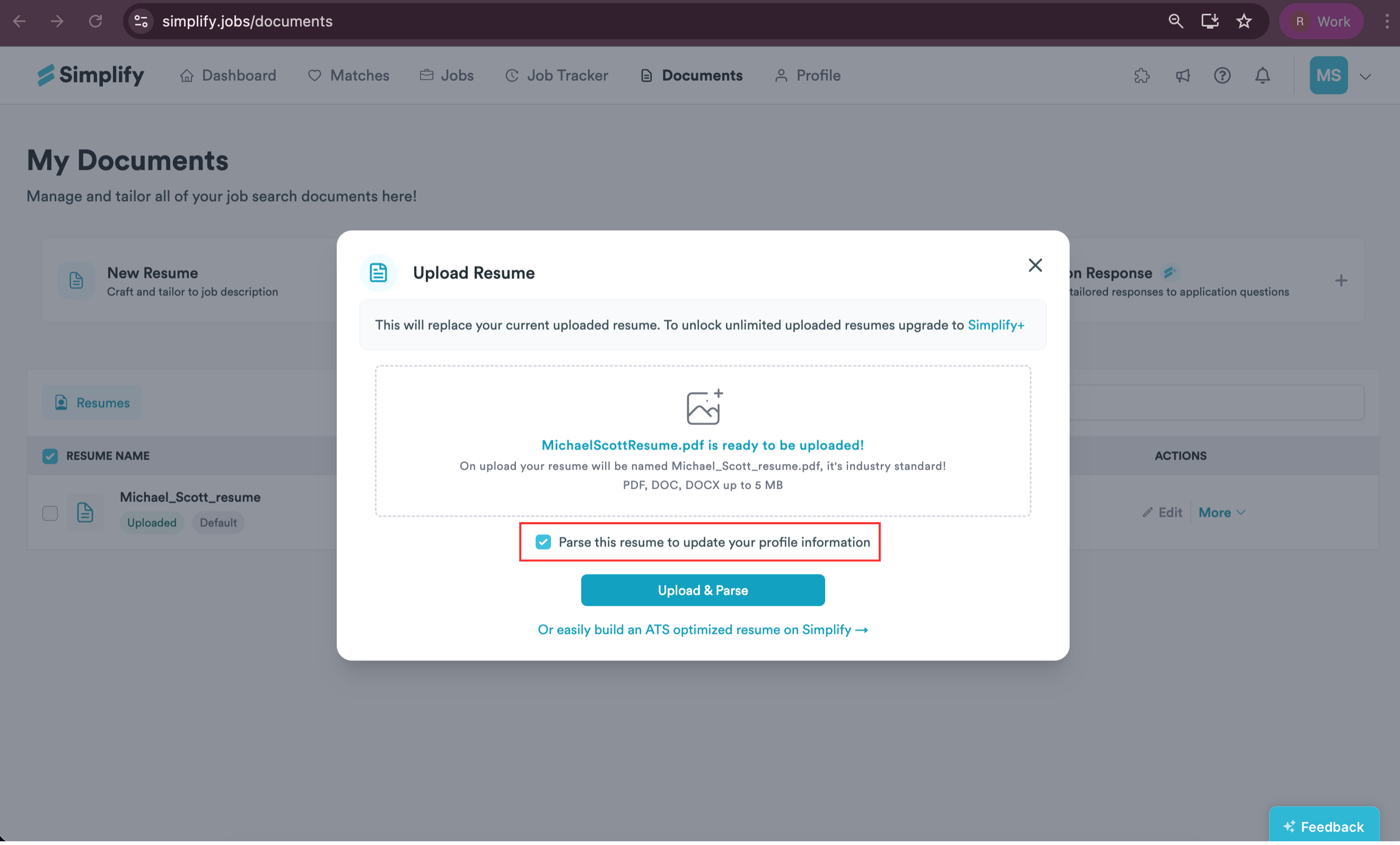 Upload Resume dialog with Parse this resume to update your profile information selected and the Upload & Parse button below it.