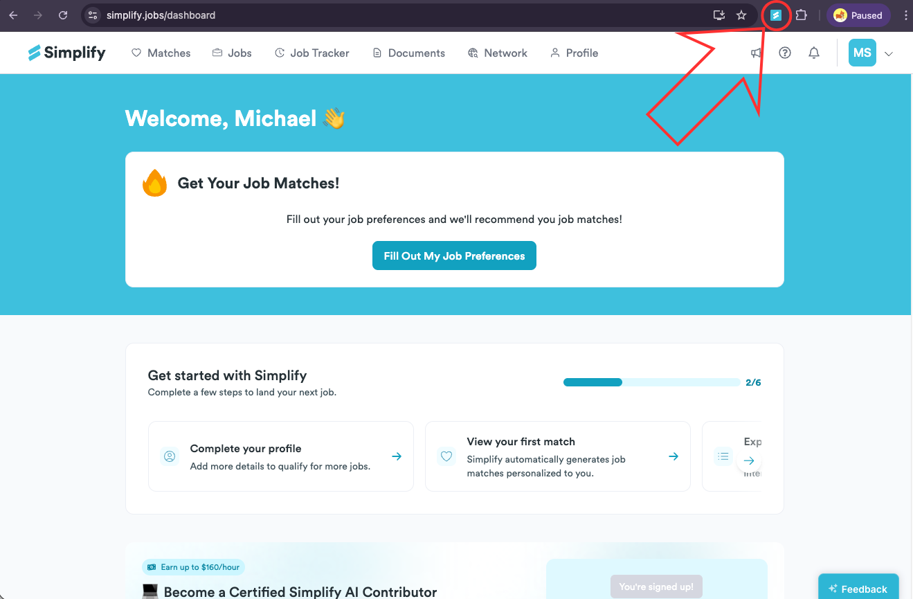 Pinned Simplify extension icon highlighted in the browser toolbar.