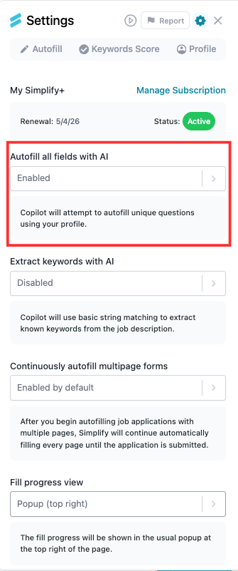 Copilot Settings with Autofill all fields with AI highlighted.