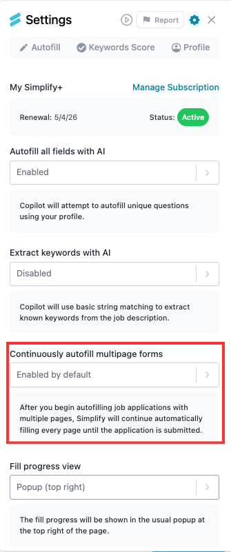 Copilot Settings with Continuously autofill multipage forms highlighted.