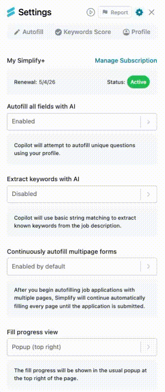 Animation showing individual Fields to autofill toggles in Copilot Settings.