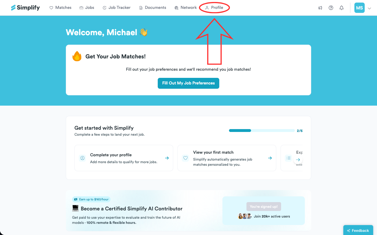 Profile link highlighted in Simplify's navigation bar.