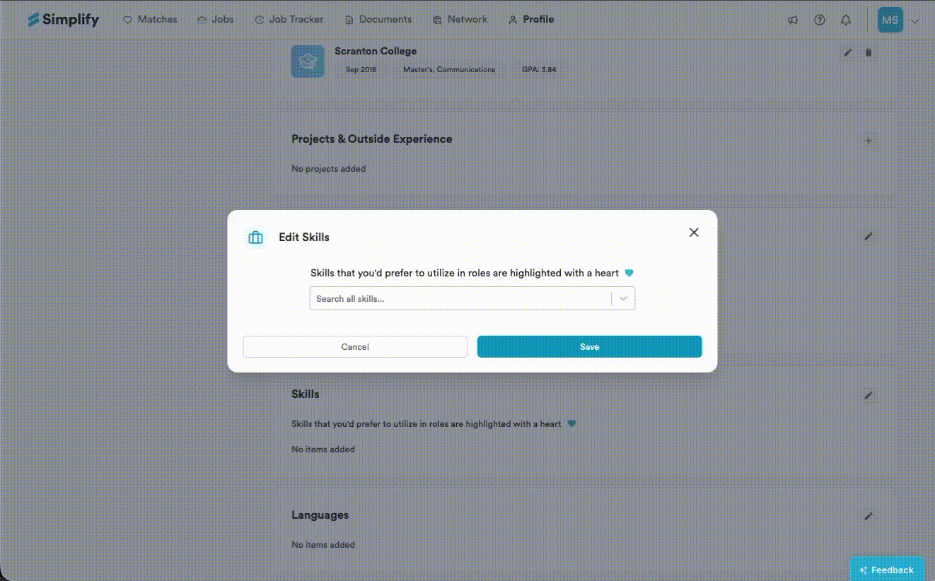 Edit Skills dialog with the searchable skills dropdown open.