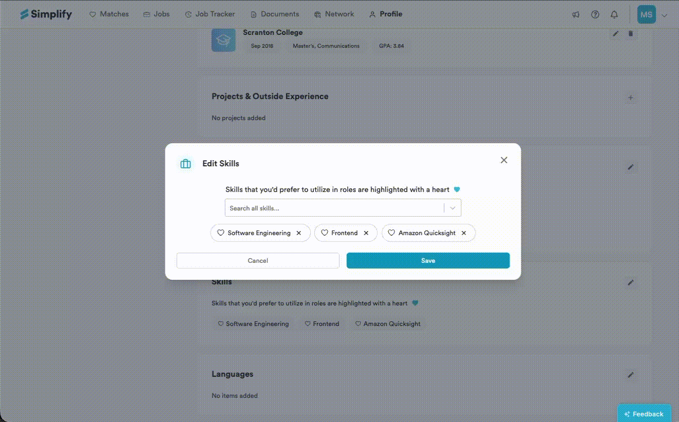 Edit Skills dialog with a selected skill, its remove control, and the Save button.