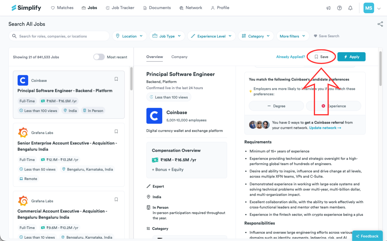 Save button highlighted near the top-right corner of a job detail panel.