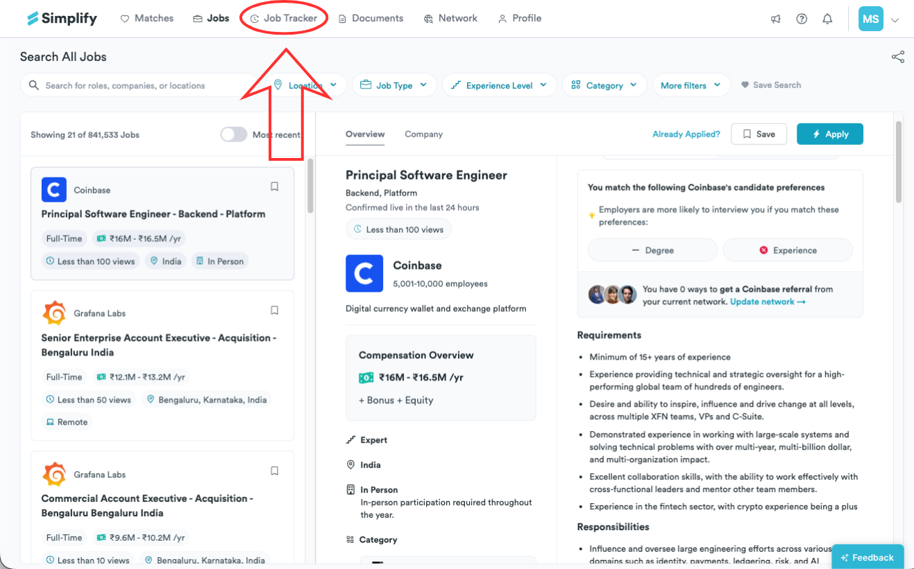 Job Tracker link highlighted in Simplify's navigation bar.