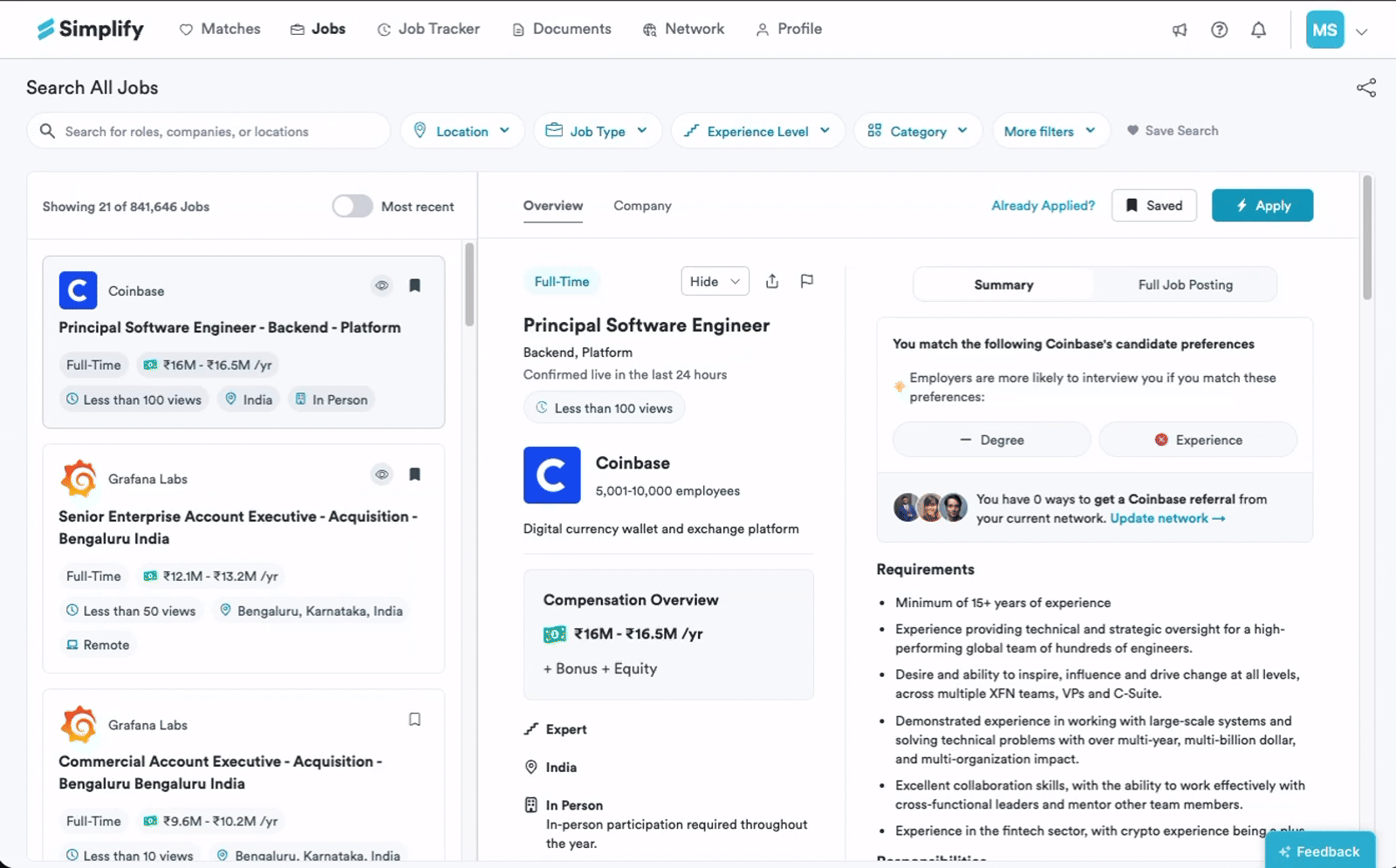 Job Tracker showing saved jobs alongside their application status controls.