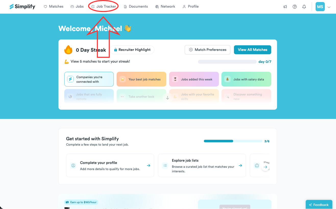 Job Tracker link highlighted in Simplify's navigation bar.