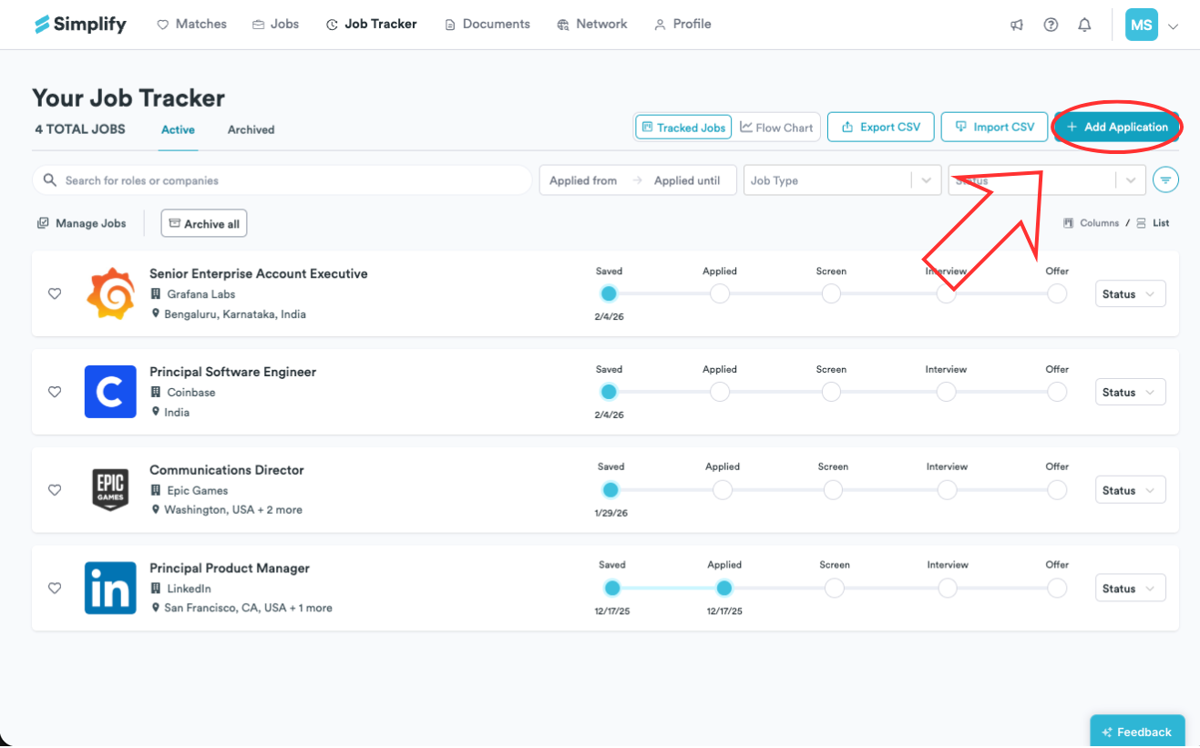 Job Tracker with Add Application highlighted in the top-right corner.