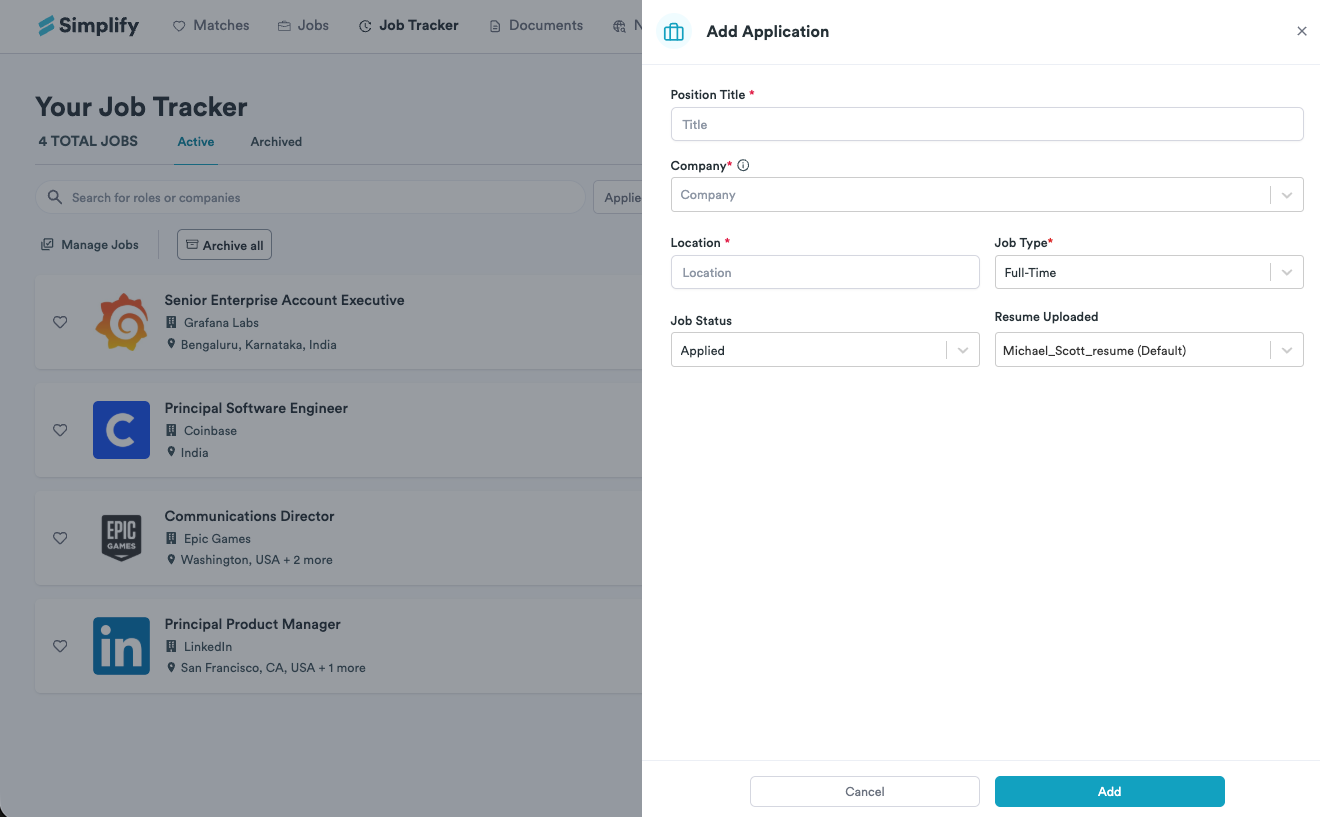 Add Application form with fields for the role, company, location, status, and resume.