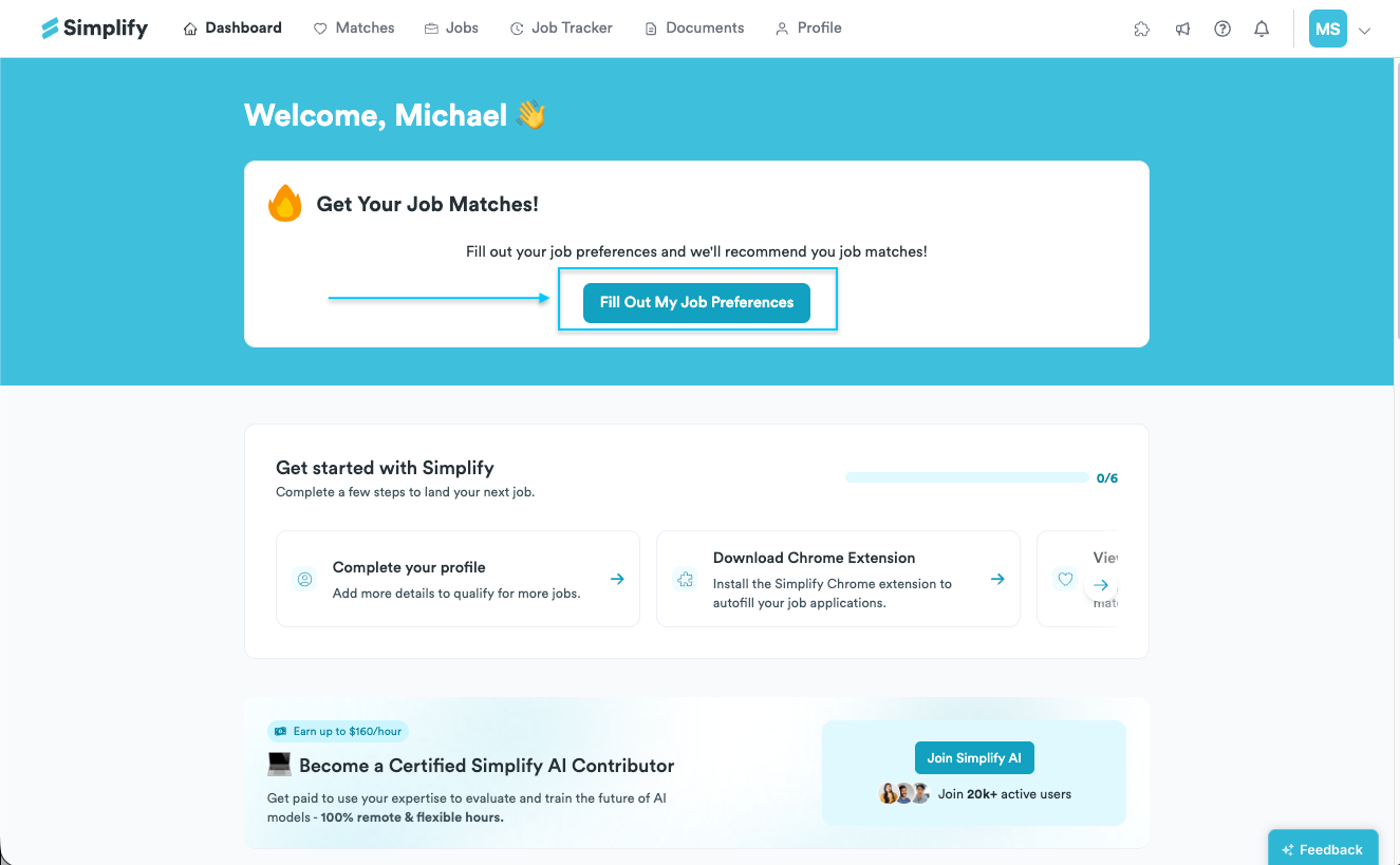 Dashboard with the button for opening Match Preferences highlighted.