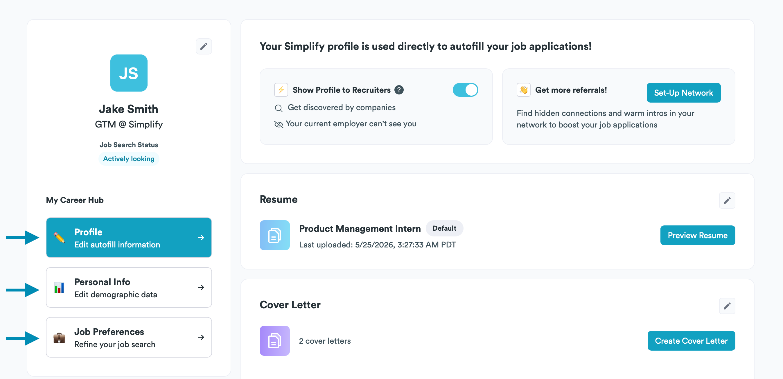Profile page showing Profile, Personal Info, and Job Preferences navigation, plus the Show Profile to Recruiters toggle near the top.