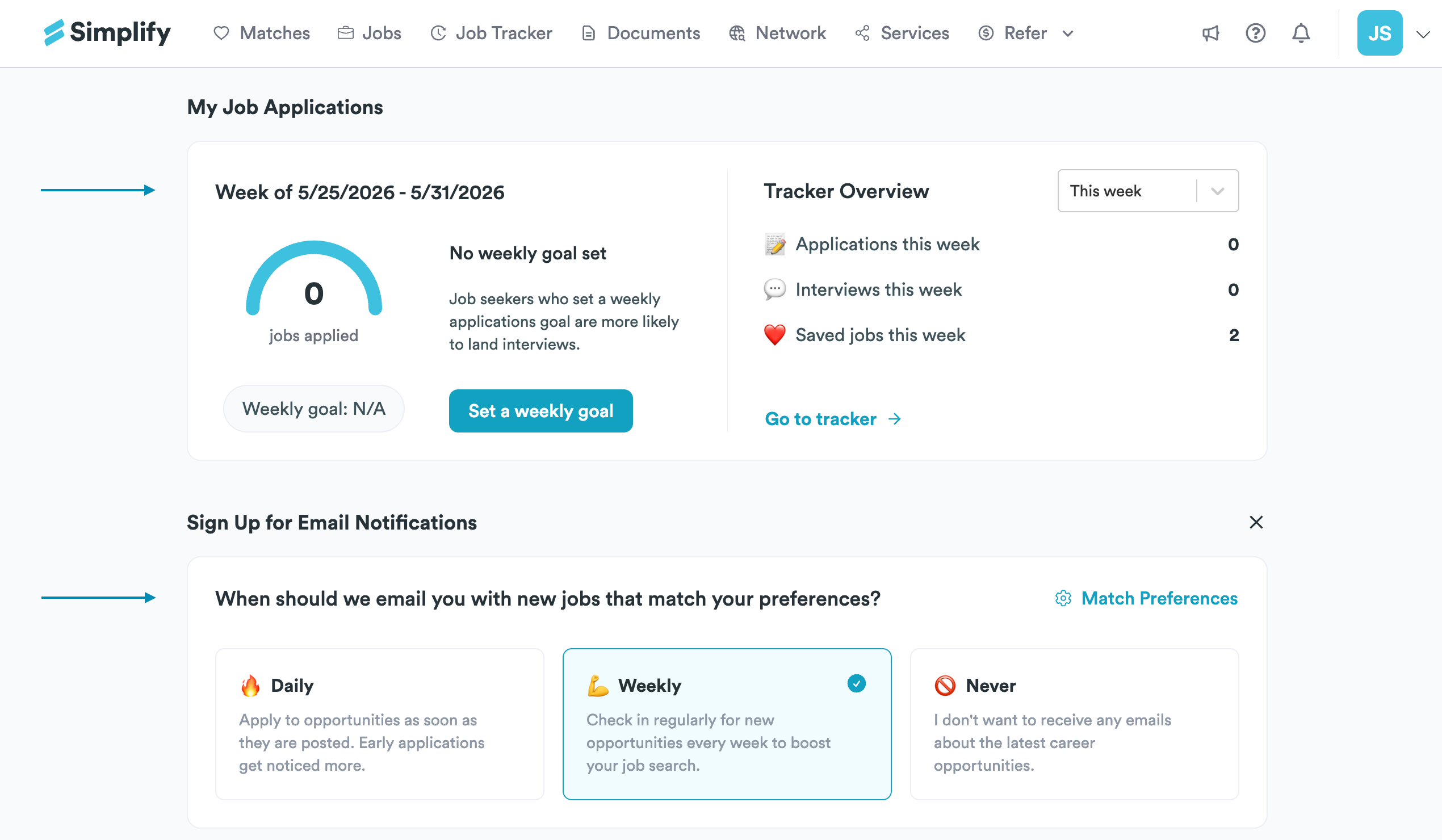 Dashboard showing the weekly application goal and Daily, Weekly, or Never email notification options.