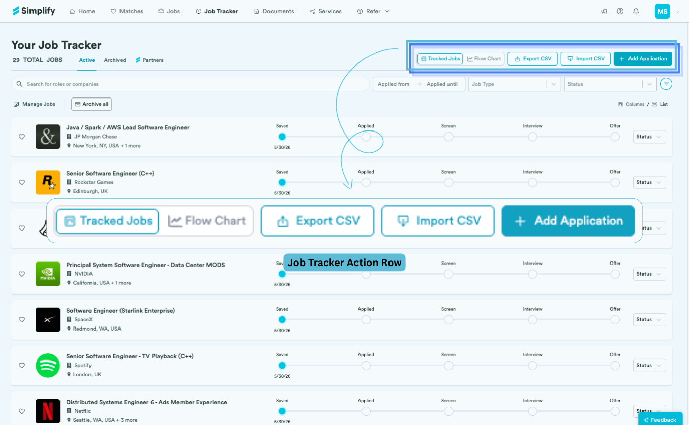 Job Tracker action row with the Flow Chart view control highlighted.