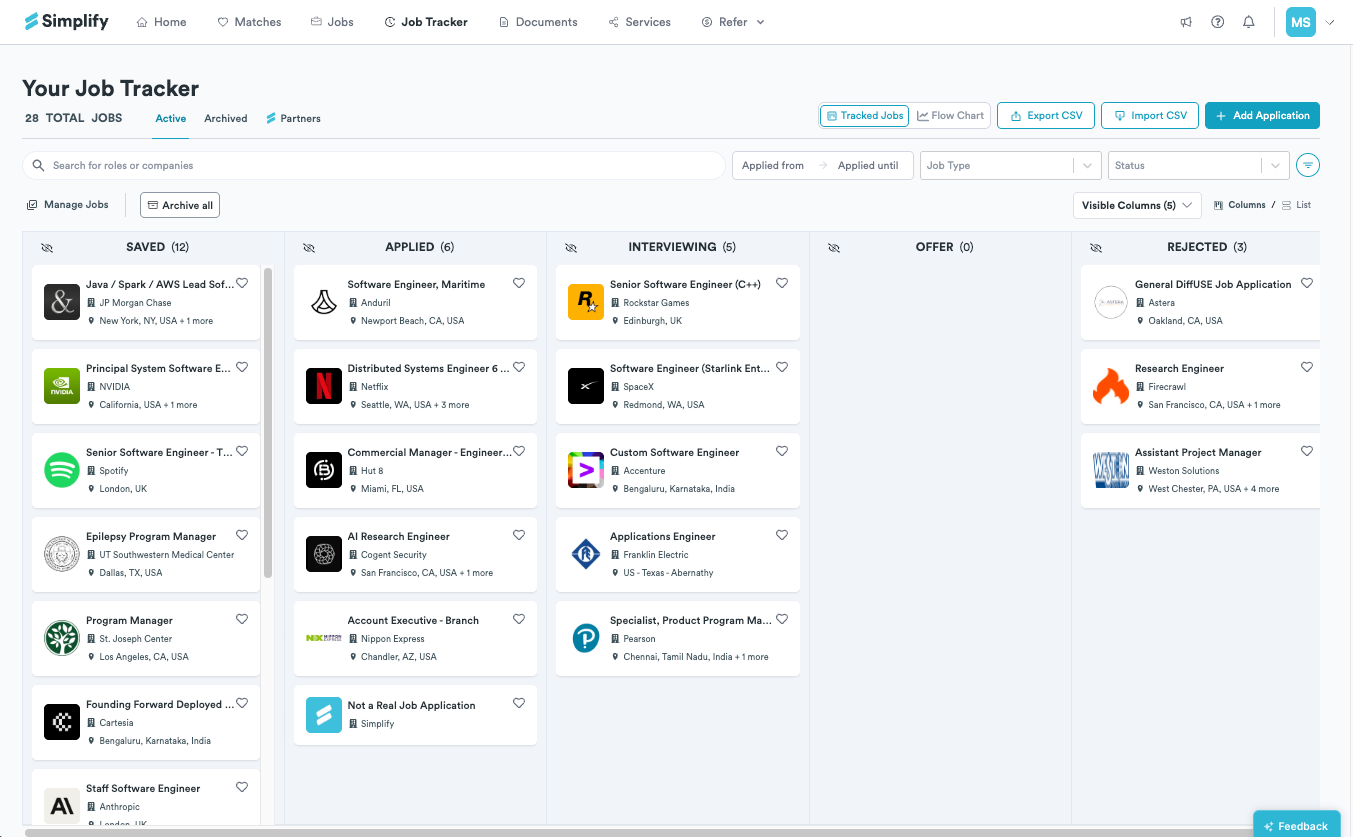 Job Tracker in Columns view, with jobs grouped by application stage.