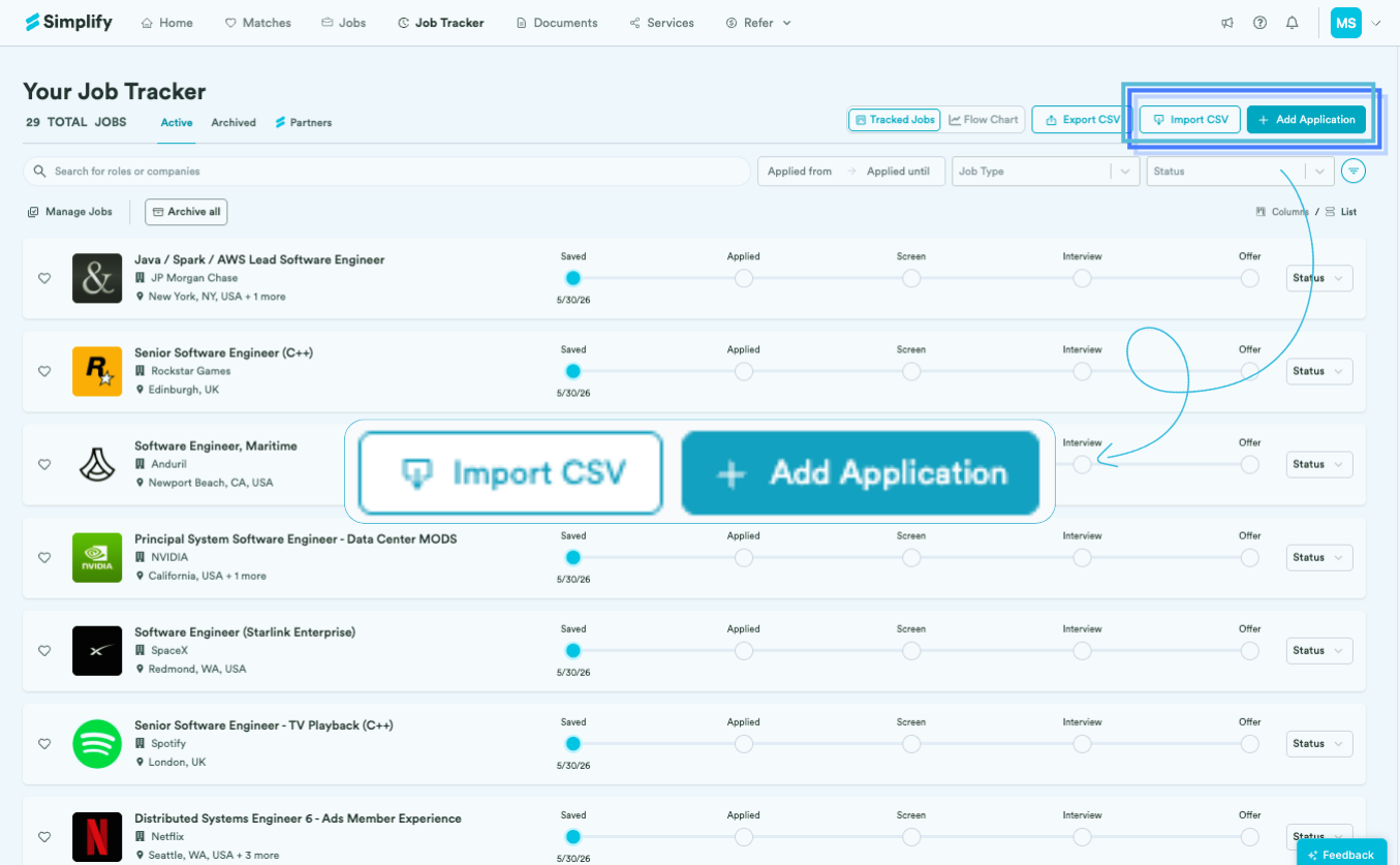 Job Tracker with Import CSV and Add Application highlighted in the top action row.