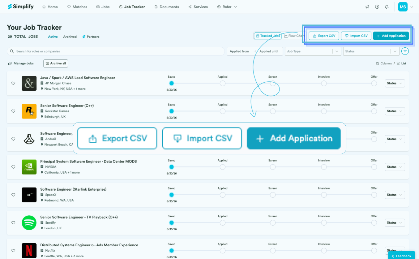 Job Tracker with Export CSV highlighted in the top action row.