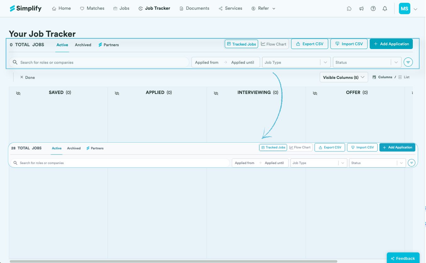 Job Tracker's filtering row and the controls for switching between Columns and List views.