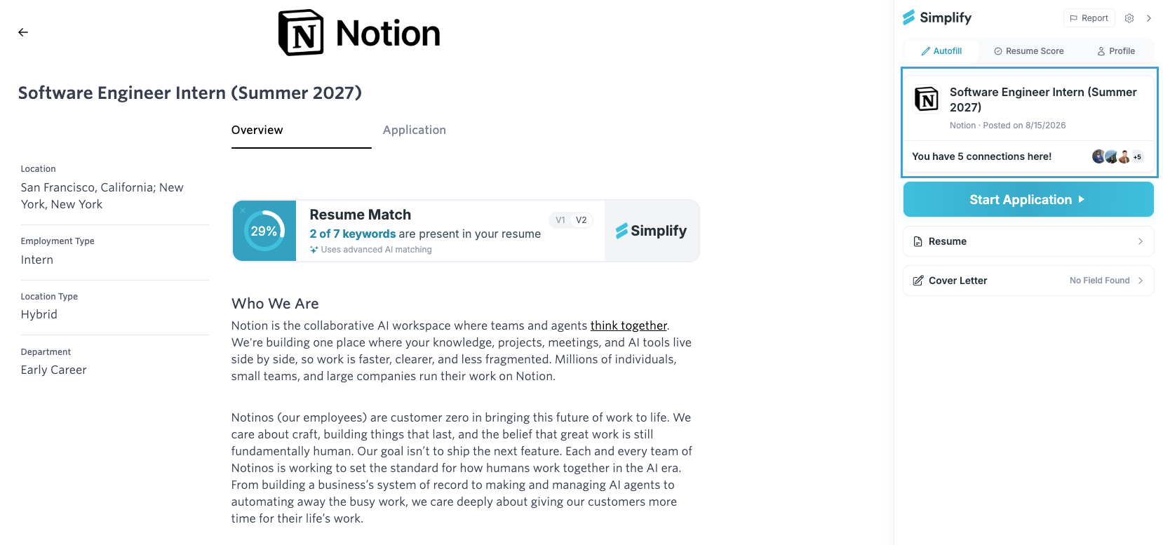 Copilot opened on a job posting, showing the job title at the top of the extension panel.