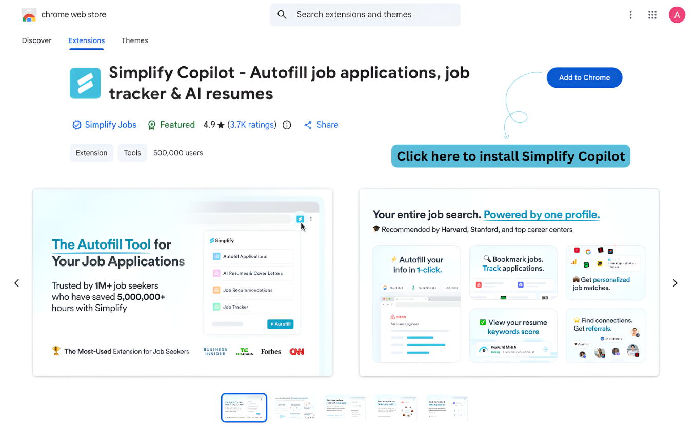 Simplify Copilot's Chrome Web Store listing with the Add to Chrome button highlighted.