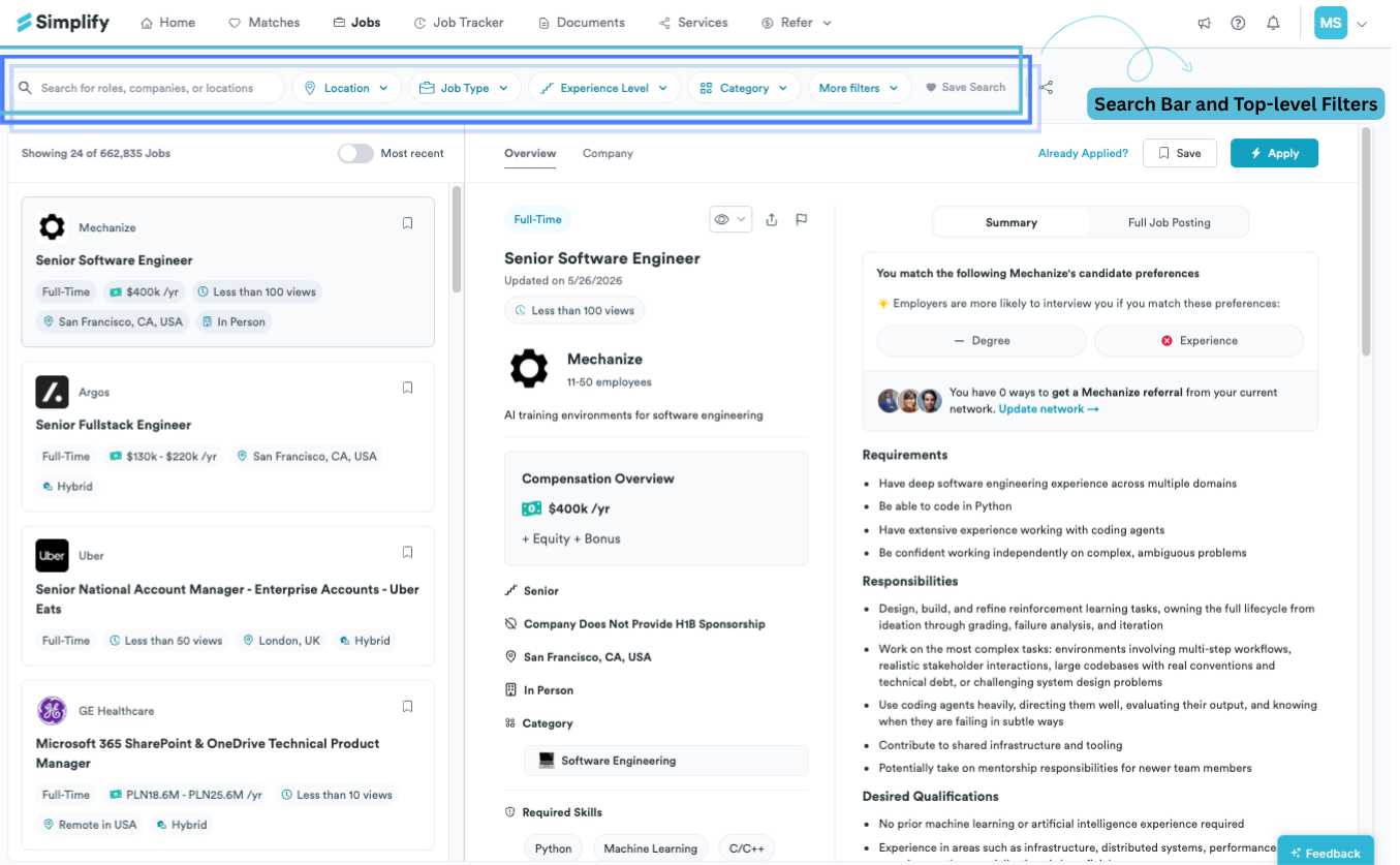 Job Board search bar and top-level Location, Job Type, Experience Level, Category, and More Filters controls.