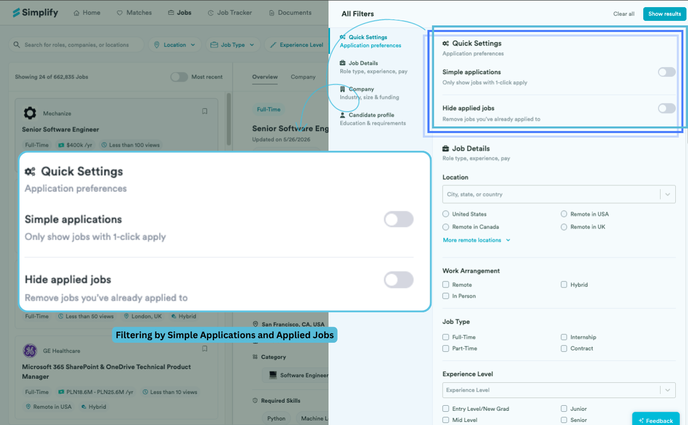 More Filters panel with Simple applications and Hide applied jobs highlighted under Quick Settings.