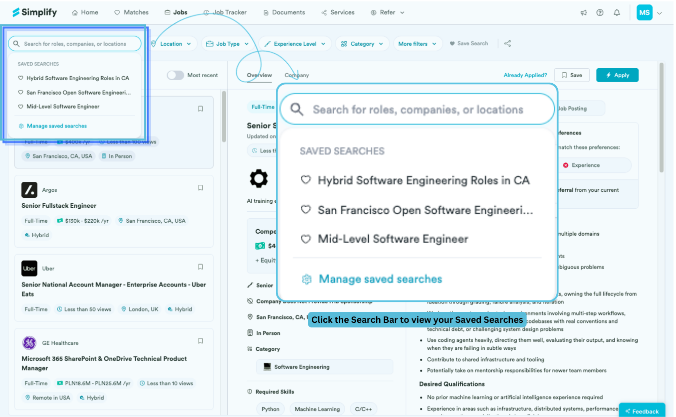 Job Board search dropdown showing saved searches and Manage saved searches.